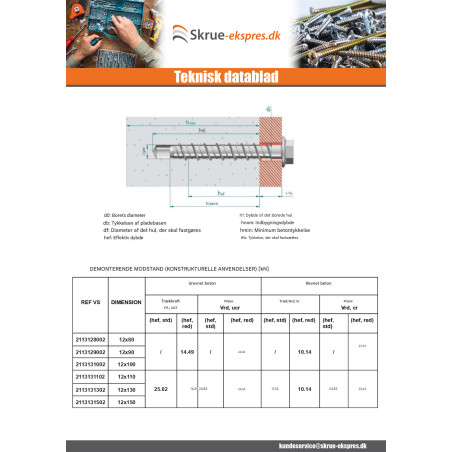1 x Skrue til beton Sekskantet hoved Flange T18 12X90 elforzinket stål