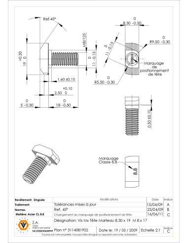 1 x Vis m-hastighed hammer hoved M8/17 8,3X19...