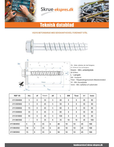1 x Skrue til beton Sekskantet hoved Flange T15...