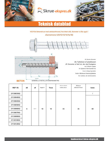 1 x Skrue til beton Sekskantet hoved Flange T10...