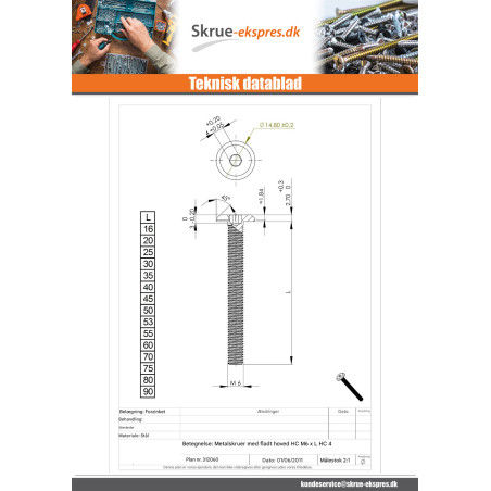 1 x Vis m taux t te plade Sekskantet fatning 4 M6X60 Gevind 30 Hoveddiameter 12 elforzinket stål