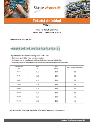 1 x Skrue Beton panhoved reduceret 7,5X60...