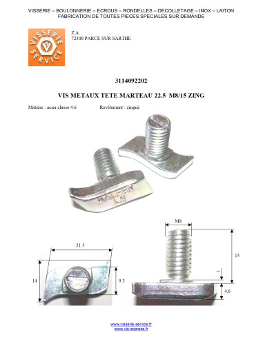 1 x Vis m-hastighed hammer hoved M8/15 22,5...