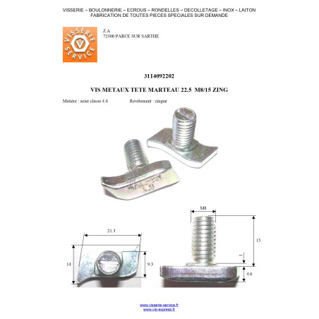 1 x Vis m-hastighed hammer hoved M8/15 22,5 elforzinket stål