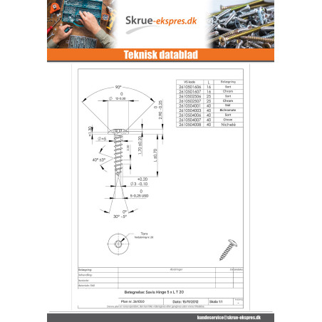 1 x Skrue hængsel 5X40 Fuld trÃ¥d T20 sort galvaniseret