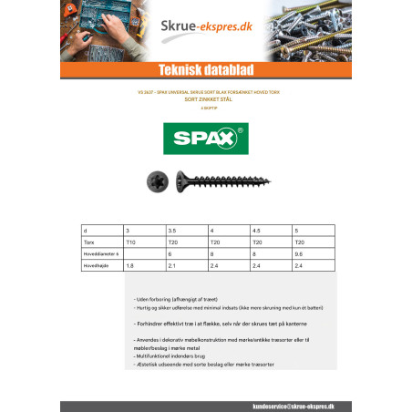 1 x Spax Træskrue forsænket hoved T20 4,5X30 Gevind 25 sort galvaniseret