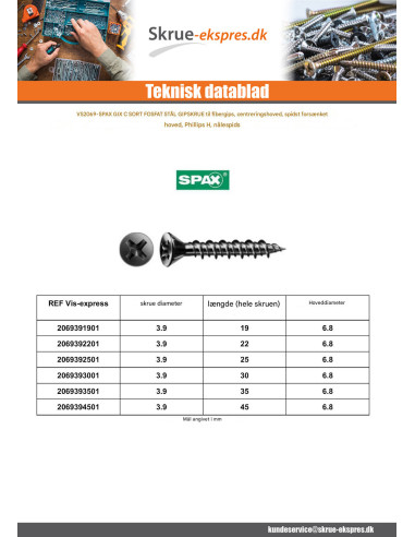 1 x Skrue til gipsplade Spax 3,9X45 Fostfat...