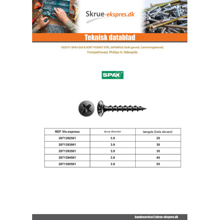 1 x Skrue til gipsplade Spax 3,9X45 Fostfat stål GIX-B