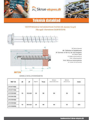 1 x Skrue til beton Sekskantet hoved Flange T24...
