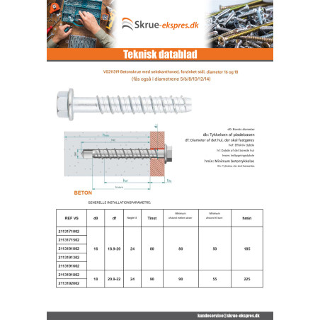 1 x Skrue til beton Sekskantet hoved Flange T24 18X130 elforzinket stål