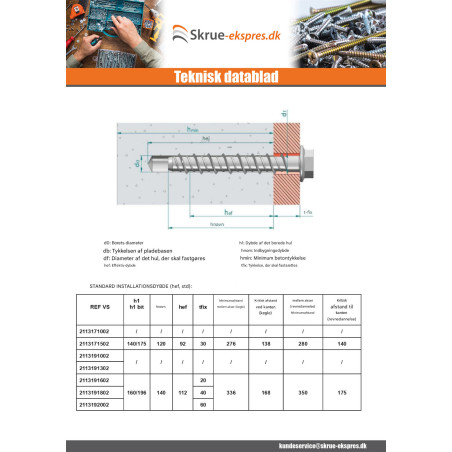 1 x Skrue til beton Sekskantet hoved Flange T24 18X130 elforzinket stål