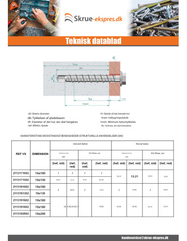 1 x Skrue til beton Sekskantet hoved Flange T24...