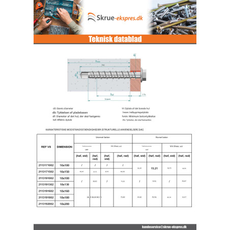 1 x Skrue til beton Sekskantet hoved Flange T24 18X130 elforzinket stål