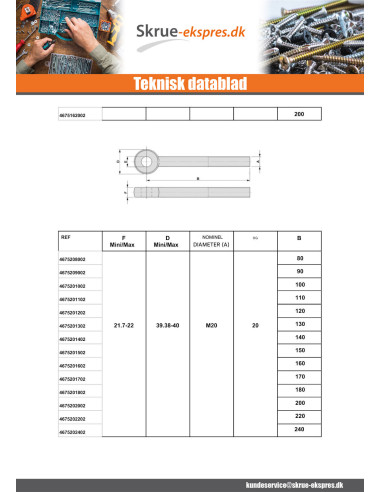 1 x Vis m-hastighed to øje M20X150 Gevind 52...