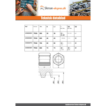 1 x Sekskantmøtrik SKM rundt hoved 26X5 trapezformet Højre Rå stål