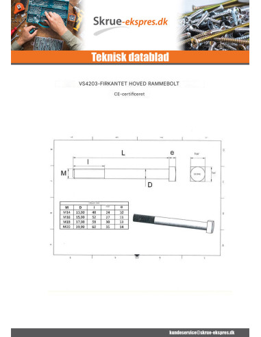 1 x Bolt med møtrik Tømrer M14X250 firkantet...