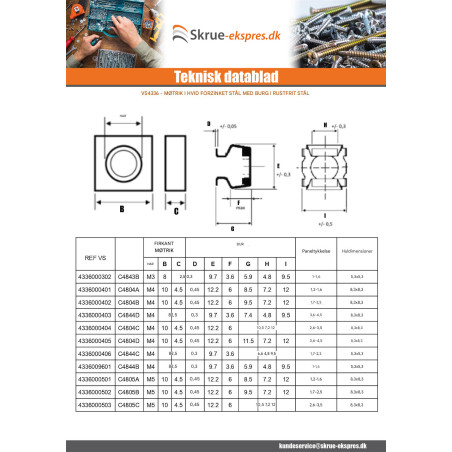 1 x Burmøtrik i rustfrit stål C4810B M10 Tykkelse materiale 1.8 to 3.2