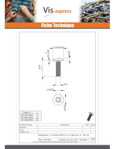 1 x Vognbolt M6X20 Lavt slag 1,5 Hoveddiameter...