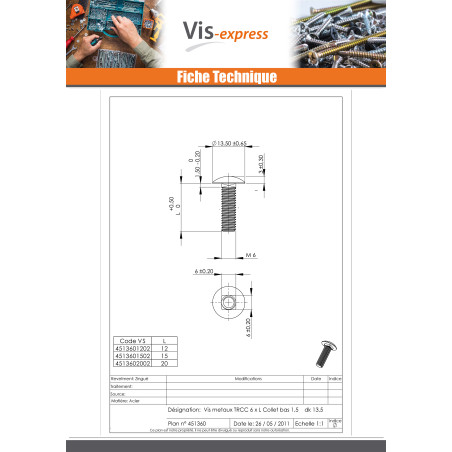 1 x Vognbolt M6X20 Lavt slag 1,5 Hoveddiameter 13,5 elforzinket stål