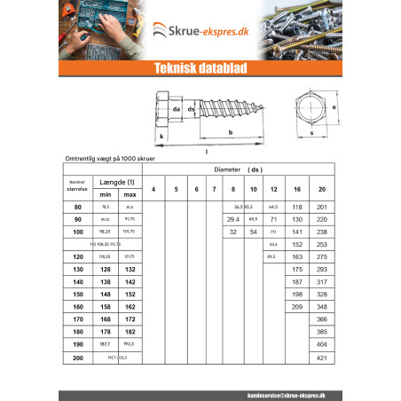 1 x Træskruer 16X180 modstandsdygtig mod korrosion varmgalvaniseret stål