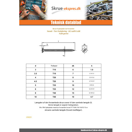 1 x Træ og spånplade skrue forsænket hoved T20 4,5X80 Fuld trÃ¥d Rustfrit stål A2