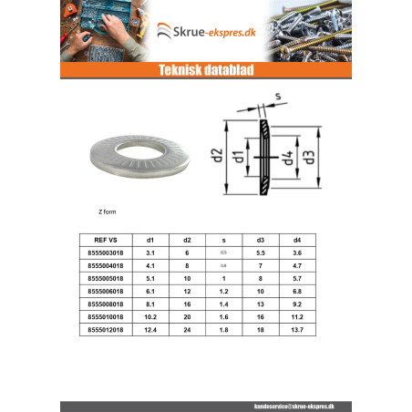 1 x Kontakt låskiver Rustfrit stål A2 M3X10X0.6 L
