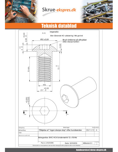 1 x Møtrik binder pan hoved M6X8 Sekskantet...
