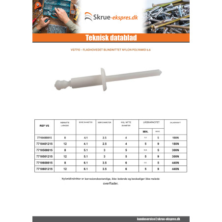 1 x Nitte blind hoved flad Nylon polyamid 6.6 6X12