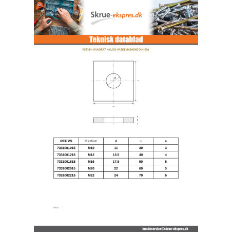 1 x Skiver Firkantet naturlig nylon M22X70X6