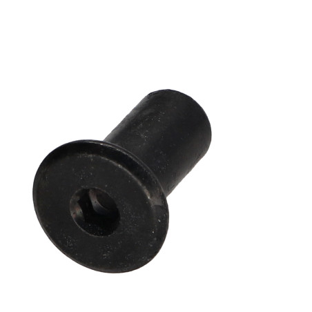 1 x Bindemøtrik fladt hoved Hoveddiameter 15 diameter 9 Længde under hoved 18 M6 Sekskantet fatning 4 sort galvaniseret