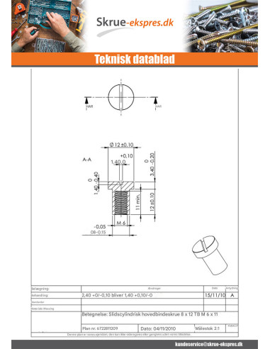 1 x Møtrik binder panhoved kærv 8X12 M6X11 Messing