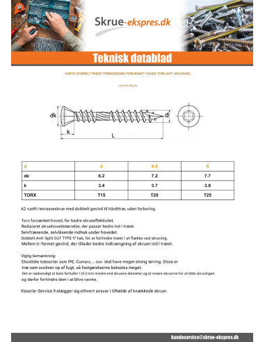 1 x Terrasseskrue TEKOR Ansatsskrue forsænket...