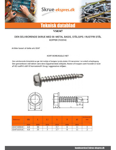 1 x Selvborende skrue Bimetal Sekskantet hoved...