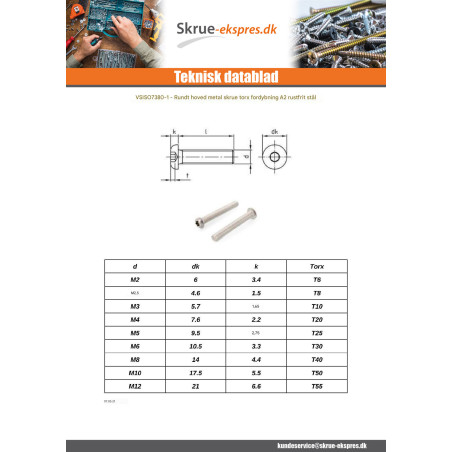 1 x Vis m-hastighed hoved Pan hoved T50 M10X20 Fuld trÃ¥d Rustfrit stål A2