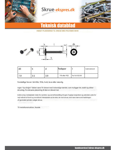 1 x Gevindvalse skrue panhoved T15 + Skiver...