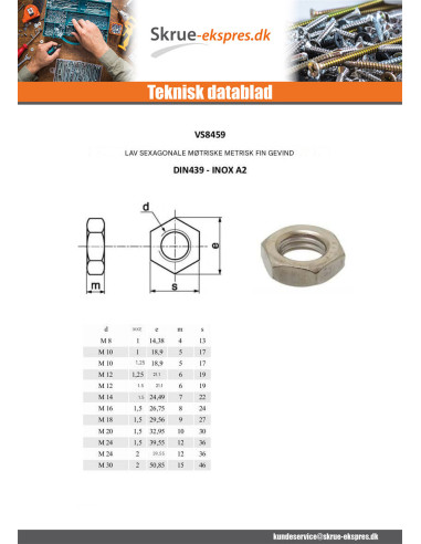 1 x Sekskantet møtrik Rustfrit stål A2 M27 Fint...