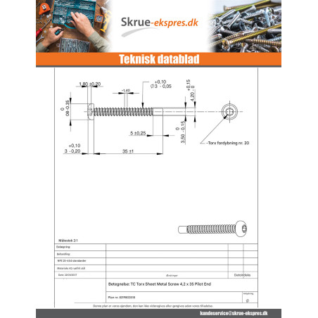 1 x Gevindvalse skrue bred kuppelformet hoved 4,2X35 Rustfrit stål A2 T20 pilot ende