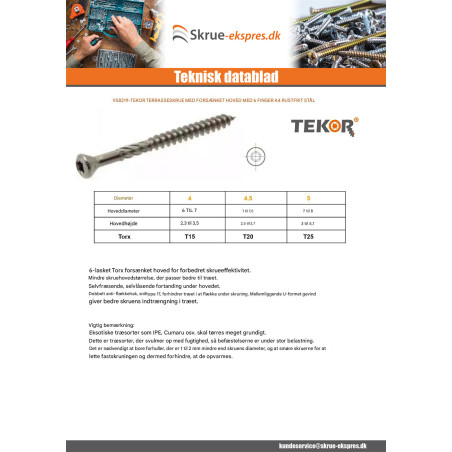 1 x Terrasseskrue TEKOR forsænket pan hoved T25 5X60 spids anti-kløvning type 17 cut Rustfrit stål A4