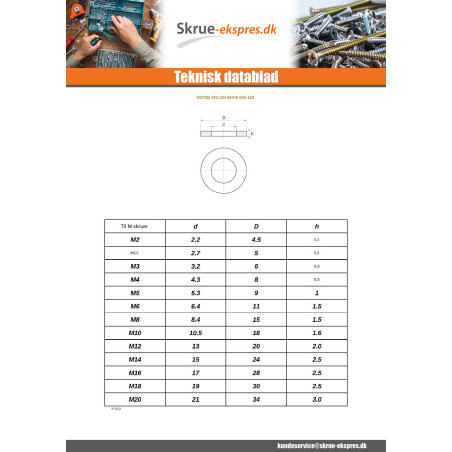 1 x Skiver flad naturlig nylon M5X9X1