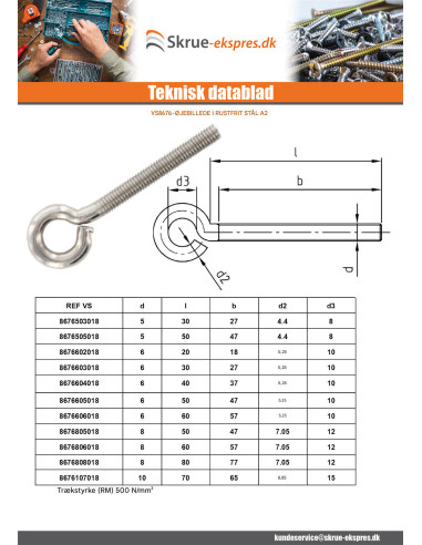1 x øje skrue metal M5X30 øje 8 Rustfrit stål A2