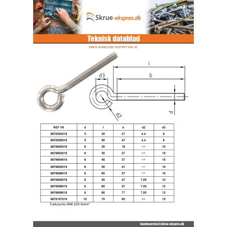 1 x øje skrue metal M5X30 øje 8 Rustfrit stål A2