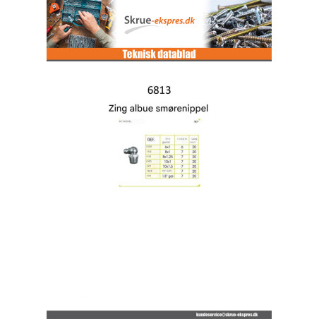 1 x 90° gebogen smeernippel M8 trin 125 elforzinket stål