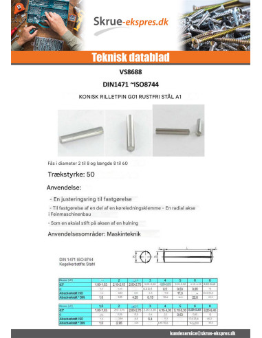 1 x Stift kegleformet KAN Rustfrit stål G01 1,5X8