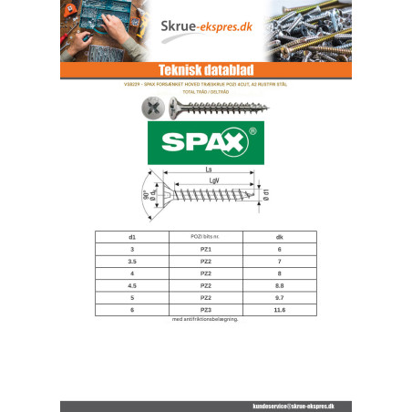 1 x Spax Træskrue forsænket hoved Pozi PZ8 4,5X25 Fuld trÃ¥d 4CUT Rustfrit stål A2
