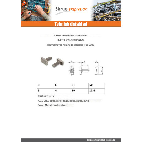 1 x Vis m-hastighed hammer hoved 10X10X4 M8X20 Rustfrit stål A2 til 28/15 profiler