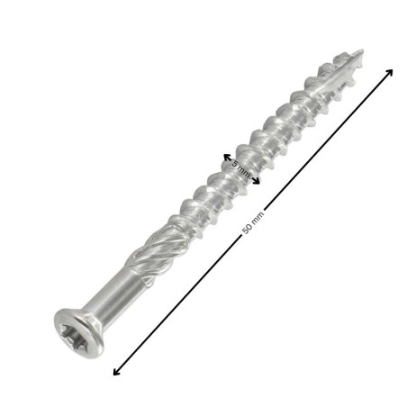 1 x Terrasseskrue TEKOR forsænket pan hoved T25 5X50 spids anti-kløvning type 17 cut Rustfrit stål Stål C1 AISI 410