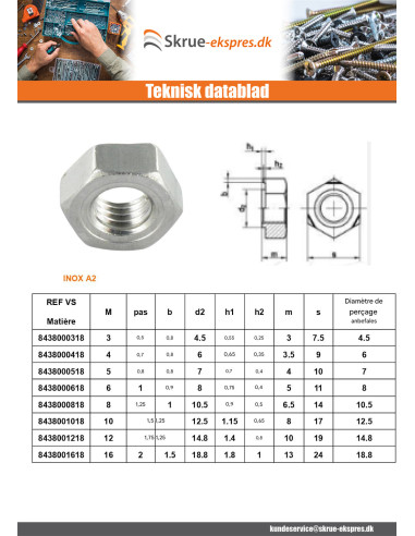 1 x Sekskantmøtrik svejsning Rustfrit stål A2 M4