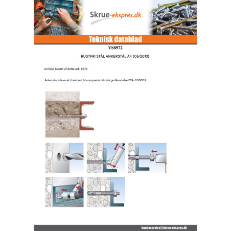 1 x Stift Anker M8X65 Rustfrit stål A4 RAWLPLUG