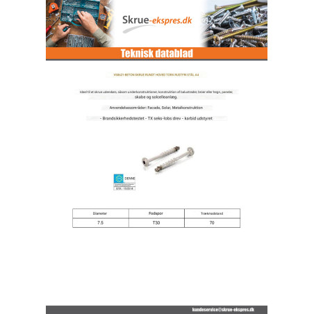 1 x Skrue til beton hoved Pan hoved T30 Rustfrit stål A4 7,5X50
