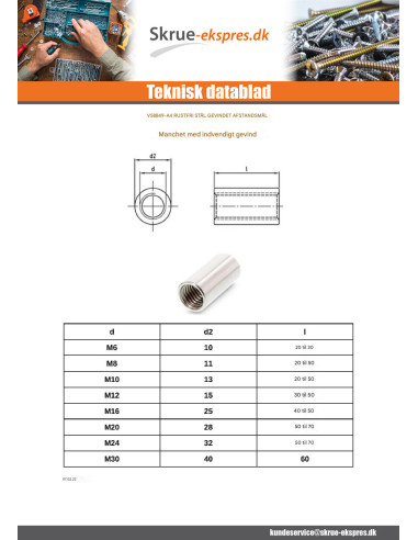 1 x Gevindmuffe cylindrisk gevind M10X30...